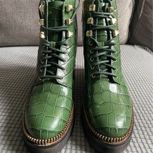 Barely Worn Michael Kors Haskell Crocodile Embossed Moss Green Combat Boots